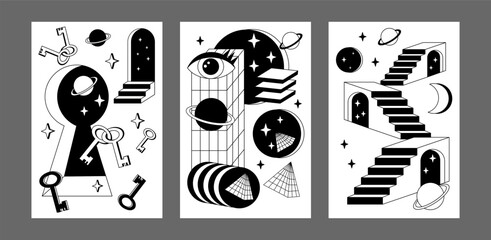 Wall Mural - Surrealism posters set. Surreal abstract posters. Surrealism cards set. Psychedelic posters.