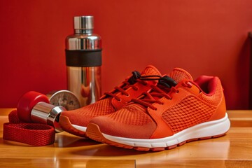 A pair of red running shoes and a water bottle are on a wooden table