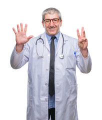 Sticker - Handsome senior doctor man over isolated background showing and pointing up with fingers number eight while smiling confident and happy.