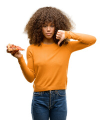 Poster - African american woman with a pizza slice with angry face, negative sign showing dislike with thumbs down, rejection concept