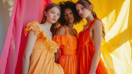 Sticker - Three women in orange dresses pose for a photo