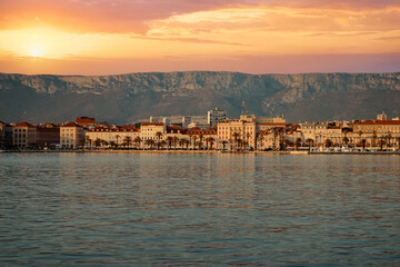 Poster - Travel by Croatia. Beautiful landscape with Split Old Town on sea promenade.