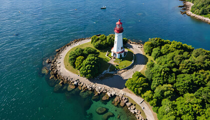 Poster - Phare sur une île verdoyante entourée d'eau turquoise