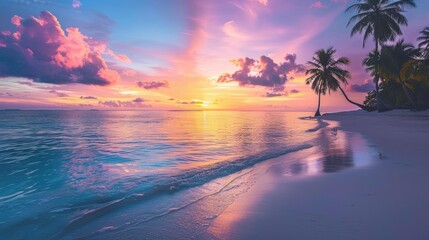 A picturesque tropical beach with palm trees, white sand, and a stunning sunset casting colorful reflections on the calm ocean waters