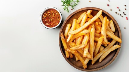 Wall Mural - Crispy French fries with spicy seasoning on wood plate and bowl on white background