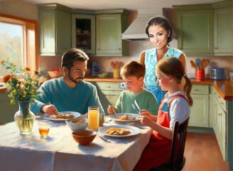 The family is having breakfast in the kitchen. A wonderful illustration of a father, mother, son and daughter at breakfast and lunch. Oil paintings landscape, fine art, family having dinner together