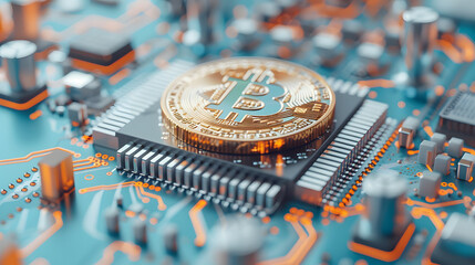 Bitcoin Concept in Circuit Board. A digital revolution in the intricate details of a circuit board, symbolizing the decentralized and innovative nature of cryptocurrency and blockchain technology.