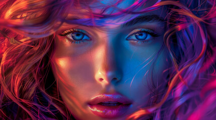 Close-up of the face of a beautiful woman with purple-pink wavy hair and bright makeup. Beauty and fashion concept.