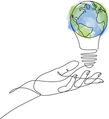 Wall Mural - continuous one line drawing of human hand holding light bulb with earth globe inside. global ecology