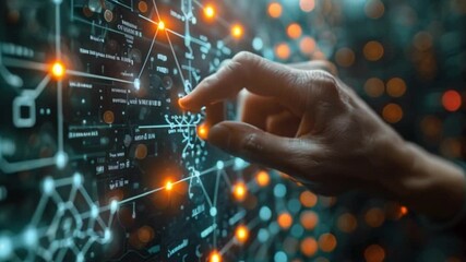 Poster - A hand interacts with a digital screen displaying a complex network of lines and nodes, representing the various applications of CAD, FE, and other technologies.