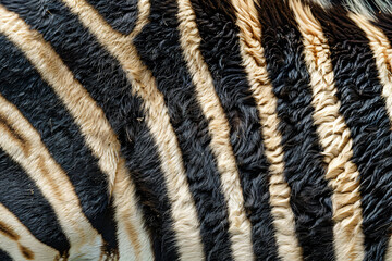 Poster - A close up of the back skin texture of a zebra, focusing on its distinctive striped pattern. The background is plain white to highlight the unique striped design of the zebra's fur. 