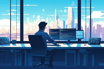 Fototapete - A software engineer working at a computer in a modern office, lines of code on the screen, with a panoramic city view through the window