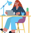 © Rodrigo - Ilustración de una joven pelirroja profesional trabajando en su escritorio desde casa, usando una computadora portátil. La escena incluye elementos como una taza de café y documentos, teletrabajando