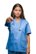 © Krakenimages.com - Young arab doctor surgeon woman over isolated background looking unhappy and angry showing rejection and negative with thumbs down gesture. Bad expression.