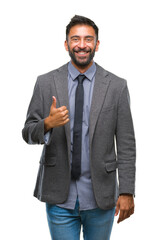 Sticker - Adult hispanic business man over isolated background doing happy thumbs up gesture with hand. Approving expression looking at the camera with showing success.