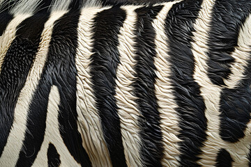 Poster - A close up of the back skin texture of a zebra, focusing on its distinctive striped pattern. The background is plain white to highlight the unique striped design of the zebra's fur. 