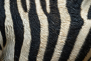 Poster - A close up of the back skin texture of a zebra, focusing on its distinctive striped pattern. The background is plain white to highlight the unique striped design of the zebra's fur. 