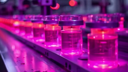 Poster - a series of lab-on-a-chip devices are lined up on a conveyor belt in a manufacturing facility.