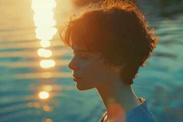 Wall Mural - A woman with short hair is sitting in the water, looking at the sun. The water is calm and the sun is setting, creating a peaceful atmosphere