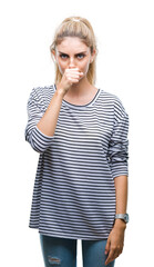 Wall Mural - Young beautiful blonde woman wearing stripes sweater over isolated background feeling unwell and coughing as symptom for cold or bronchitis. Healthcare concept.