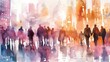 © Bambalino Studio - A painting of a city street with a large group of people walking down it. The painting is in watercolor and has a vibrant, colorful feel to it. The people are walking in different directions