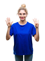 Poster - Young beautiful blonde and blue eyes woman wearing blue t-shirt over isolated background showing and pointing up with fingers number nine while smiling confident and happy.