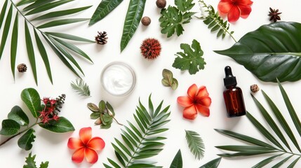 Poster - Skincare cosmetics with tropical botanicals on white background