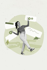 Poster - Photo cartoon comics sketch collage picture of carefree lady walking getting messages isolated graphical background