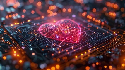 Poster - A close-up view of a circuit board with a glowing heart shape, symbolizing the integration of lab-on-a-chip technology in modern healthcare.