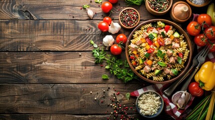 Wall Mural - Rustic top view of tuna pasta salad and vegetables with copy space