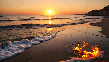 Poster - Soleil couchant sur plage avec cercle de feu