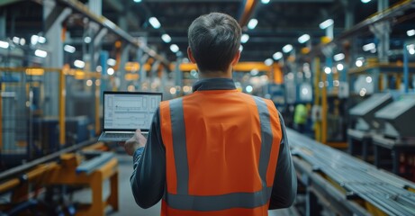 Poster - Engineer overseeing production line in industrial factory using laptop