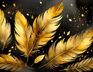 Wall Mural - Golden watercolor feathers on a black background