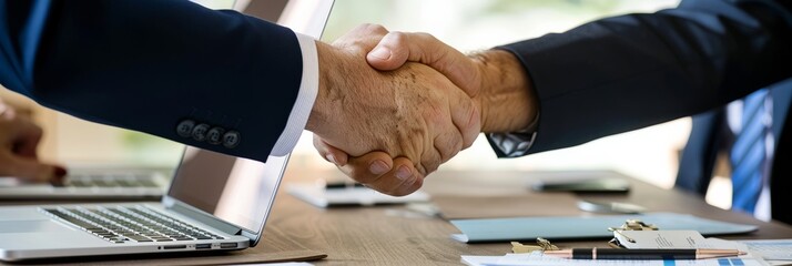 Wall Mural - Two business leaders in suits shake hands firmly over a conference table with documents and a laptop