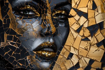 Wall Mural - Portrait of a woman in black and gold mosaic. Design wall, poster, modern art.