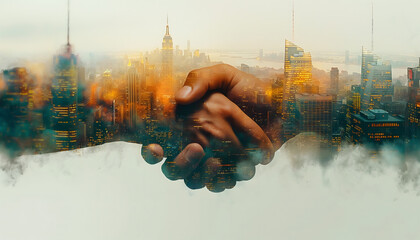 Double exposure of handshake gensture with new york skyline in the background, modern business meeting theme, generative ai