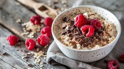 Wall Mural - Bowl of oatmeal topped with fresh raspberries and chocolate shavings on rustic wooden table