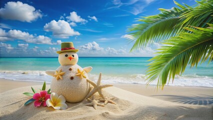 Wall Mural - Winter wonderland scene on a sunny beach featuring a snowman built from sand, adorned with seashells and tropical flowers.