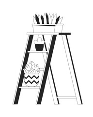 Poster - Ladder shelving unit with houseplants 2D cartoon object. Decorative rack. Stand with potted plants isolated flat vector element white background. Home interior design color spot illustration