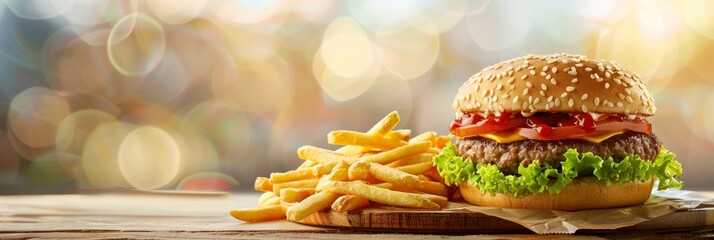 Wall Mural - A juicy cheeseburger topped with ketchup and lettuce sits on a wooden serving board, alongside a pile of golden french fries