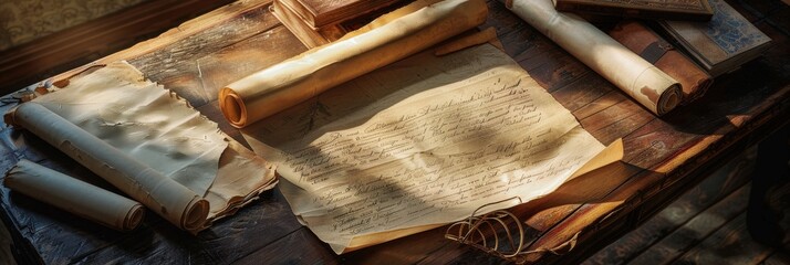 Wall Mural - Several old scrolls lay open on an antique desk, bathed in soft natural light