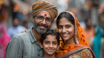 Portrait of a happy Indian family on a city street