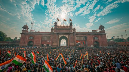 Wall Mural - People on the streets of an Indian city with national flags as part of the campaign. Indian Independence Day