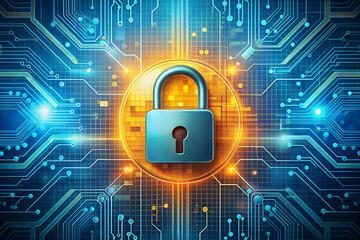 Cyber security and data protection of private information. Image of a yellow padlock on a blue computer screen, suitable for cybersecurity concepts.