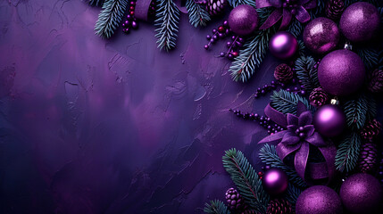 A festive Christmas scene with purple baubles, pinecones, and evergreen branches on a dark background.