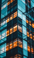 Abstract modern glass office building in downtown, view from below