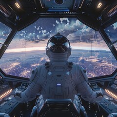 minimalist design of a futuristic spaceship cockpit from the rear view