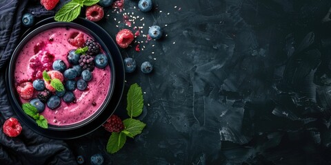 Canvas Print - yogurt smoothie in bowl with fruits and berries