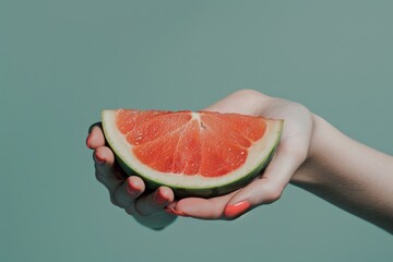 Elderly smiling woman showing grapefruit slice, anti-aging food, diet calories. Beautiful simple AI generated image in 4K, unique.