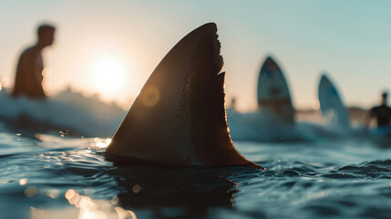 Wall Mural - A shark fin sticking out of the water with surfers in the background, a beautiful blue ocean at sunrise